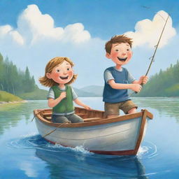 An easy-to-draw, charming cartoon illustration for a children's book portraying Finn and Fiona, in high spirits, fishing from their boat under a bright, sunny sky.