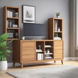 A multifunctional piece of furniture designed to divide a living room space and serve as a small study area