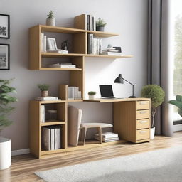 A multifunctional piece of furniture designed to divide a living room space and serve as a small study area