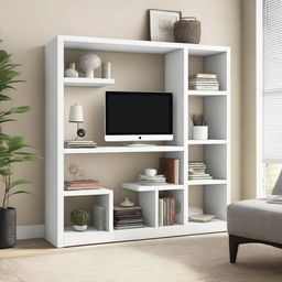 A multifunctional piece of furniture designed to divide a living room space and serve as a small study area