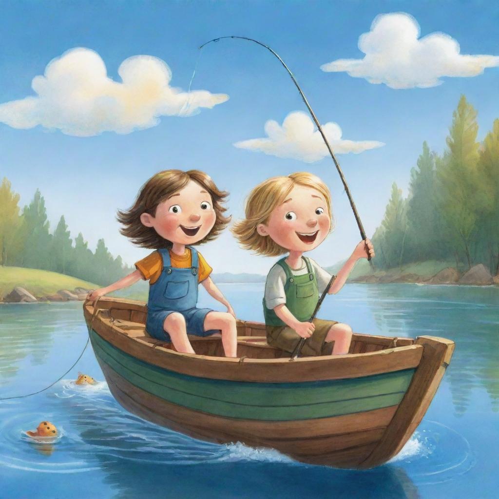 An easy-to-draw, charming cartoon illustration for a children's book portraying Finn and Fiona, in high spirits, fishing from their boat under a bright, sunny sky.