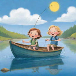 An easy-to-draw, charming cartoon illustration for a children's book portraying Finn and Fiona, in high spirits, fishing from their boat under a bright, sunny sky.