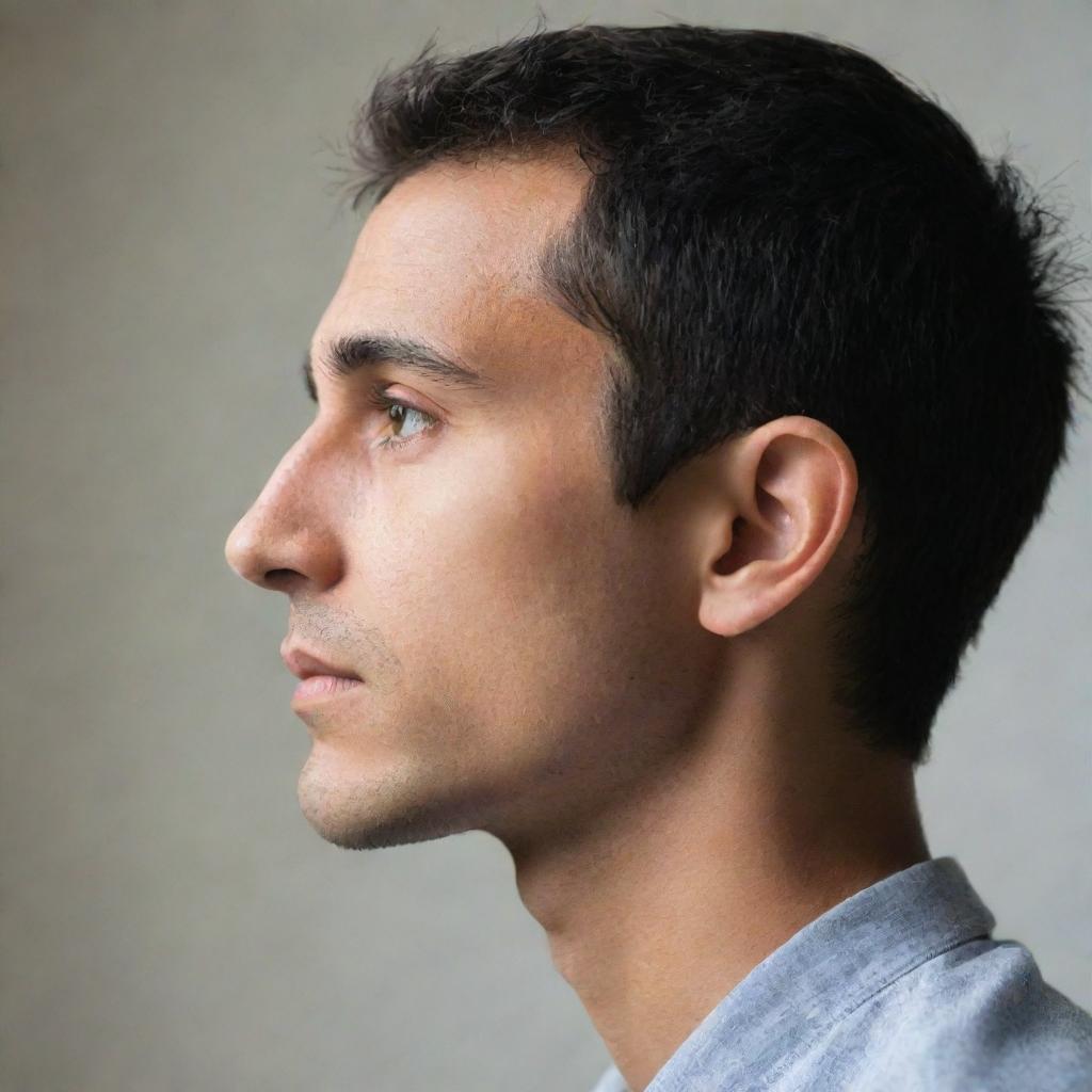 A profile perspective of a person looking to their left in a thoughtful pose.