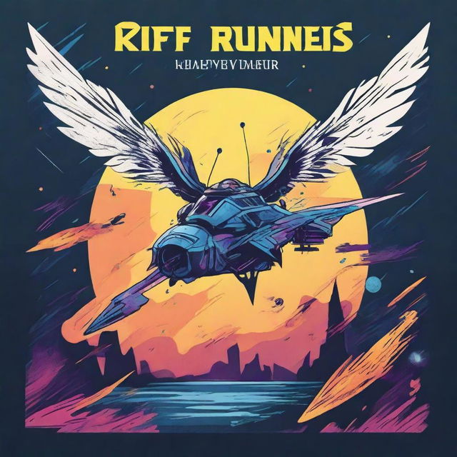 Create a minimalist comic book cover for a solarpunk Kamigawa style anime movie titled "Riff Runners" in a bold font