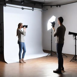 A realistic image of a photographer taking photos of a model