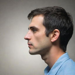 A profile perspective of a person looking to their left in a thoughtful pose.