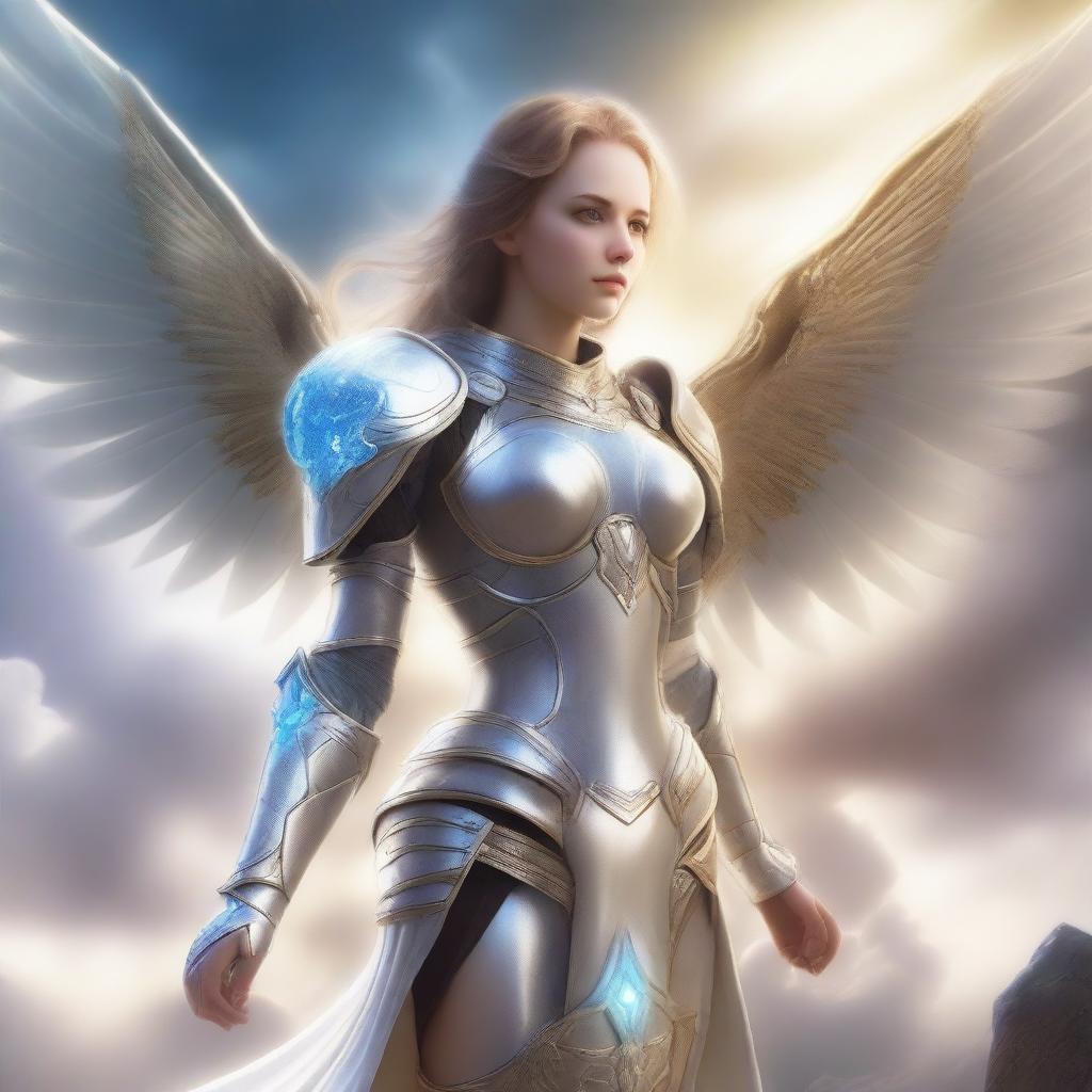 A beautiful female assimar with angelic features, glowing eyes, and radiant wings