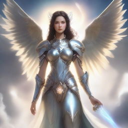 A beautiful female assimar with angelic features, glowing eyes, and radiant wings