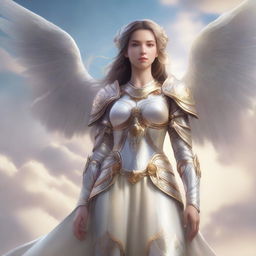 A beautiful female assimar with angelic features, glowing eyes, and radiant wings