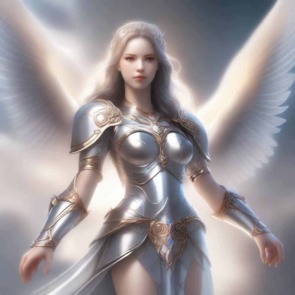 A beautiful female assimar with angelic features, glowing eyes, and radiant wings