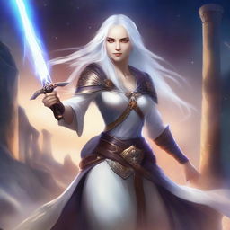 A female assimar warrior wizard with white hair and amber eyes, wielding two swords