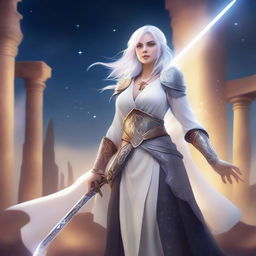 A female assimar warrior wizard with white hair and amber eyes, wielding two swords