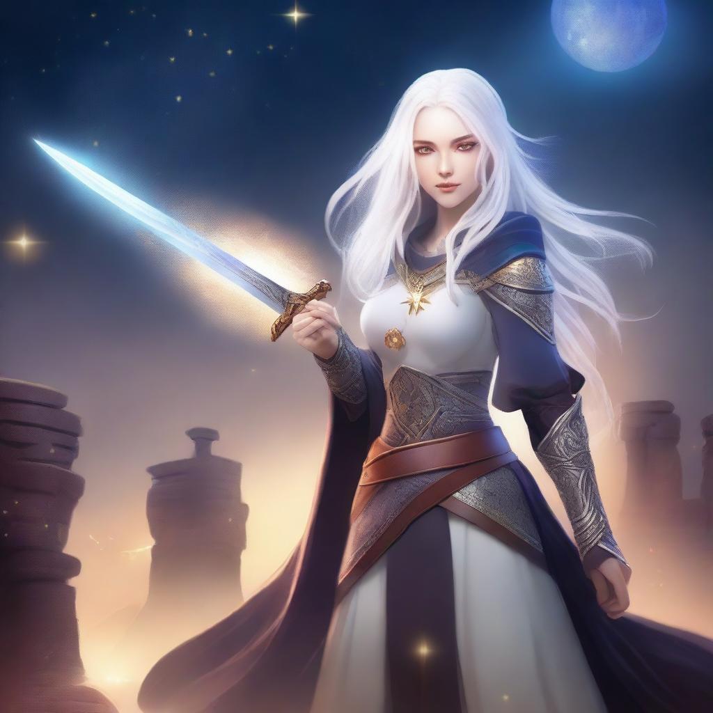 A female assimar warrior wizard with white hair and amber eyes, wielding two swords