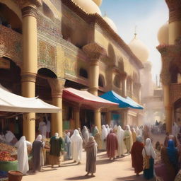 Create a detailed and vivid image of a bustling Arabian marketplace with colorful stalls, merchants, and exotic goods