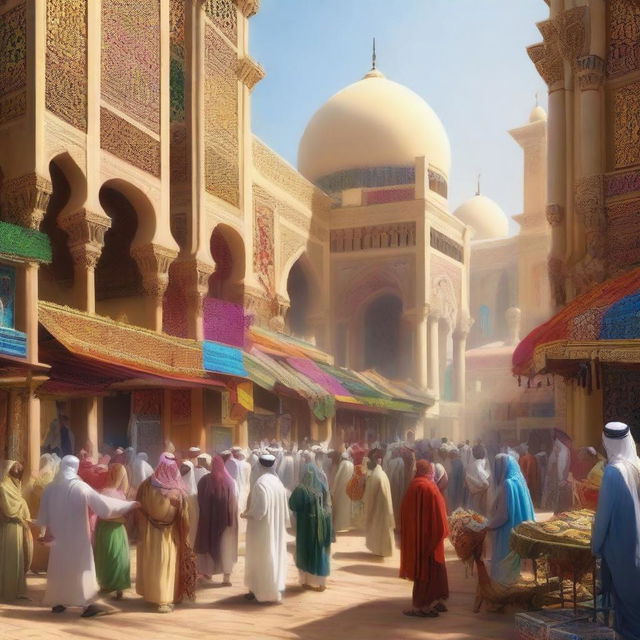 Create a detailed and vivid image of a bustling Arabian marketplace with colorful stalls, merchants, and exotic goods