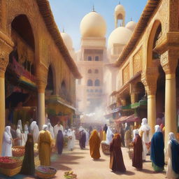 Create a detailed and vivid image of a bustling Arabian marketplace with colorful stalls, merchants, and exotic goods