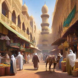 Create a detailed and vivid image of a bustling Arabian marketplace with colorful stalls, merchants, and exotic goods