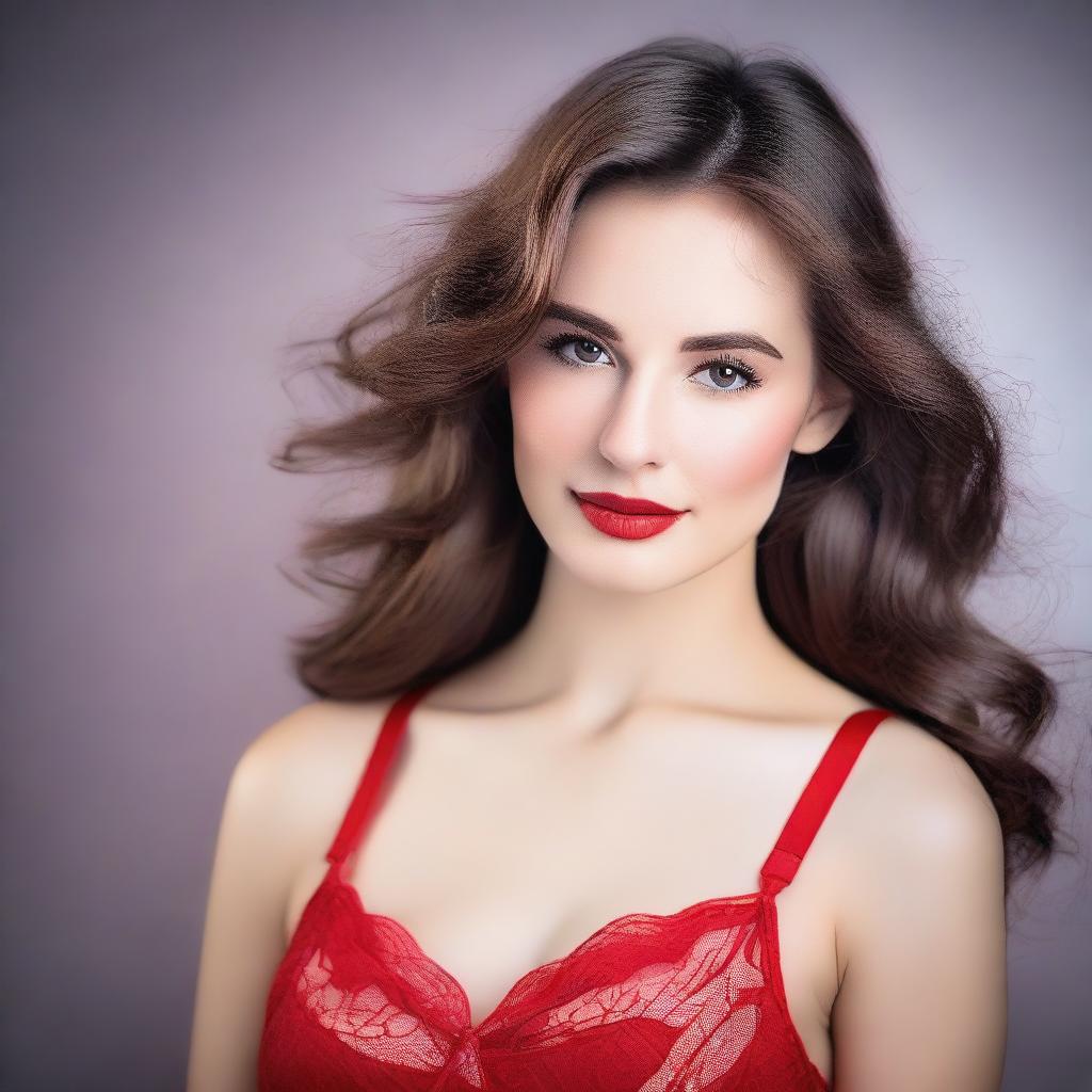 A beautiful girl with brown hair wearing a red bra, depicted in a tasteful and artistic manner