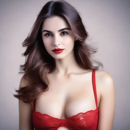 A beautiful girl with brown hair wearing a red bra, depicted in a tasteful and artistic manner