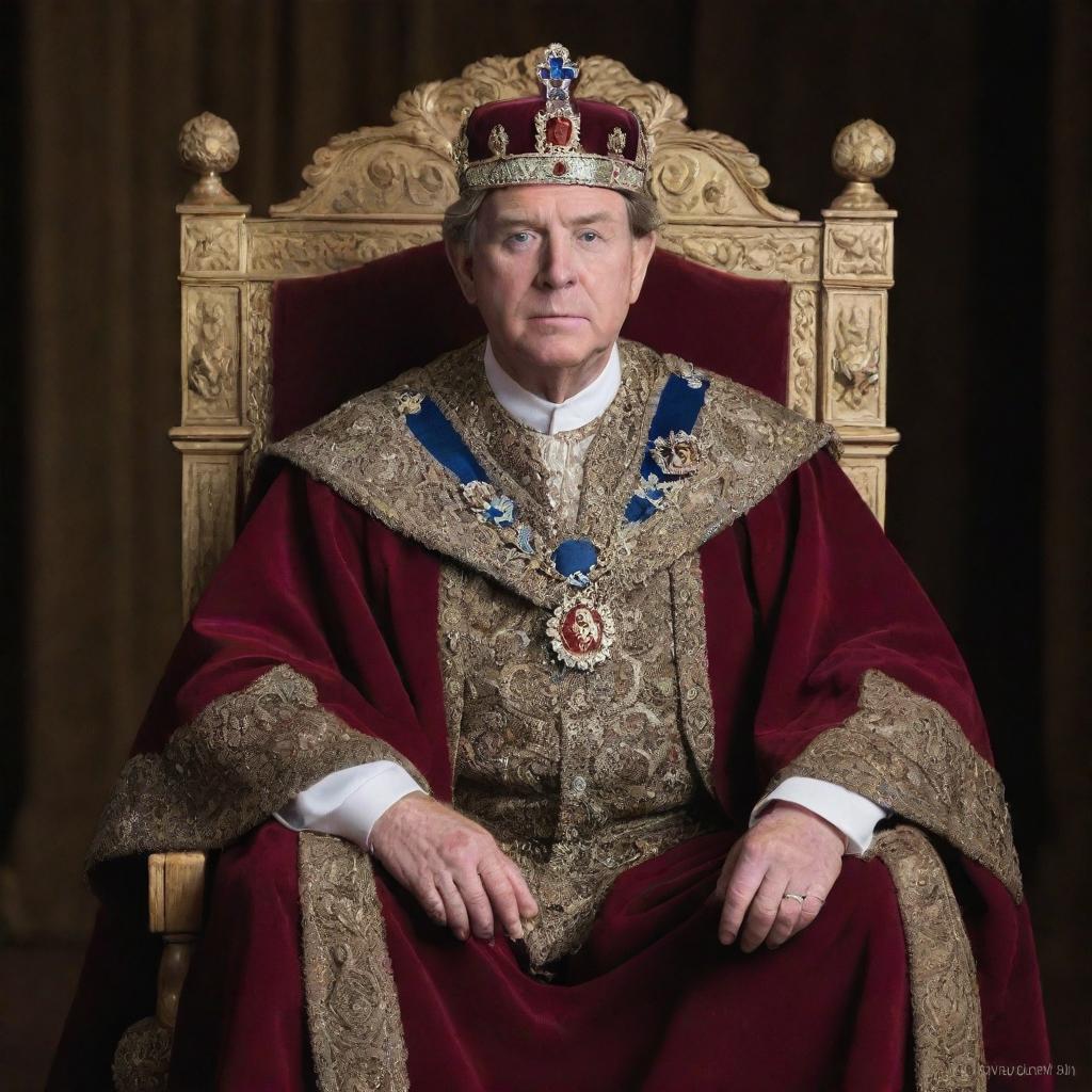 A regal representation of a man named Kevin, adorned in royal attire such as a crown and cape, sitting on a throne.