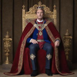 A regal representation of a man named Kevin, adorned in royal attire such as a crown and cape, sitting on a throne.