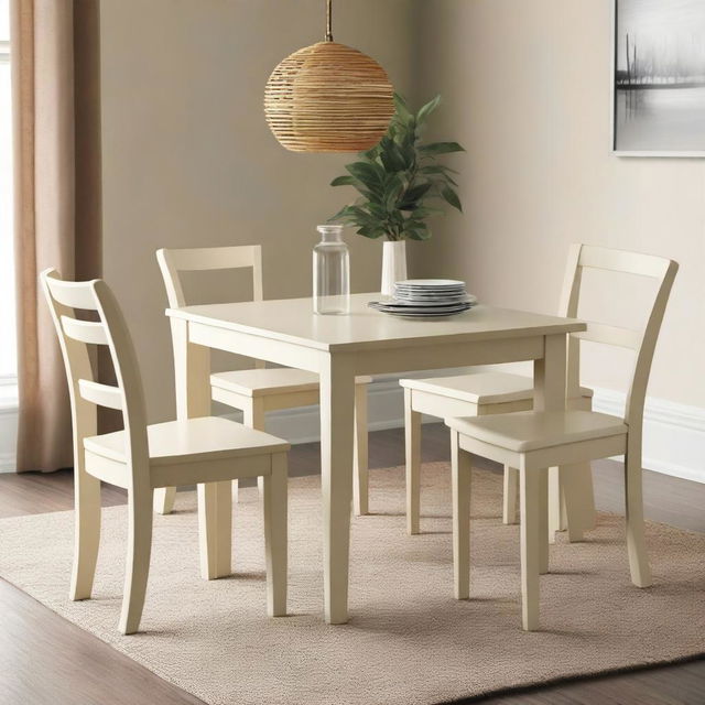 A wooden dining set for four people, painted in magnolia color