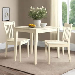 A wooden dining set for four people, painted in magnolia color