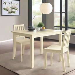 A wooden dining set for four people, painted in magnolia color