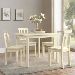 A wooden dining set for four people, painted in magnolia color