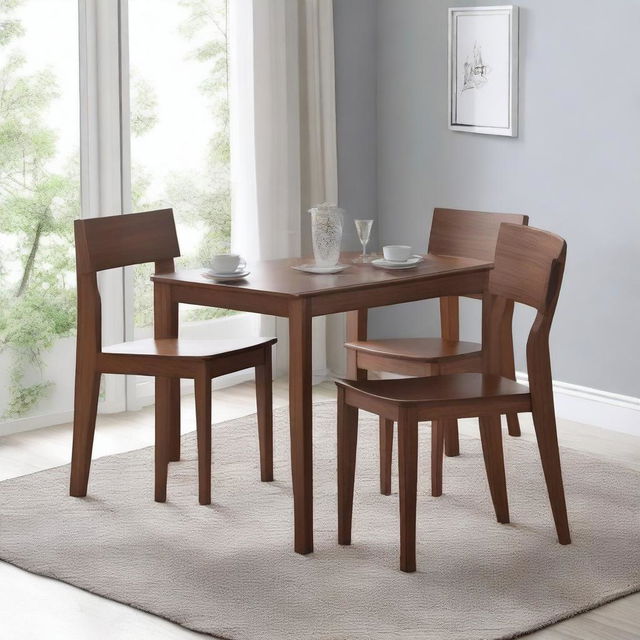 A rectangular wooden dining set measuring 100 cm by 75 cm for four people, painted in walnut color