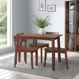 A rectangular wooden dining set measuring 100 cm by 75 cm for four people, painted in walnut color