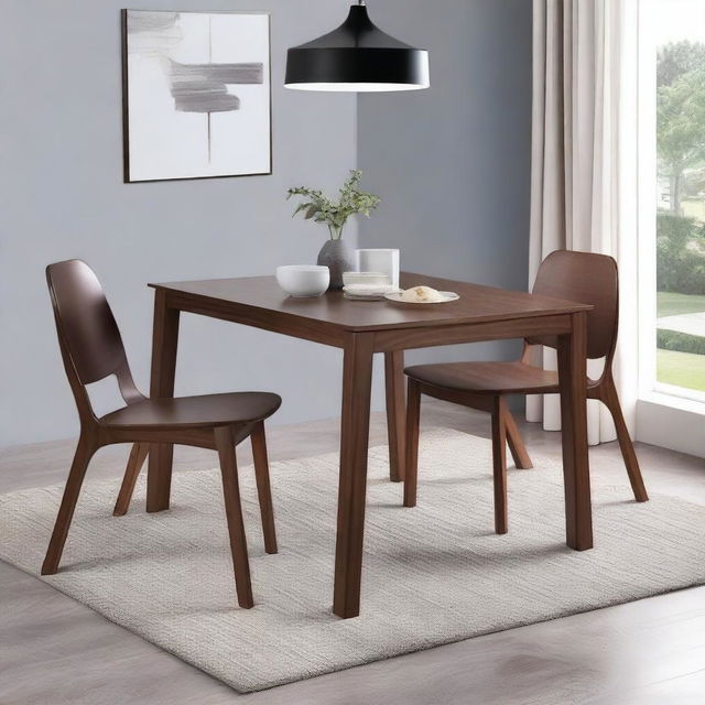 A modern rectangular wooden dining set measuring 100 cm by 75 cm for four people, painted in walnut color