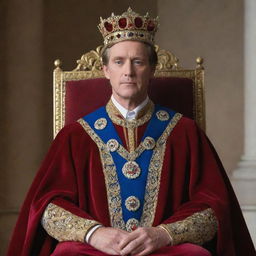 A regal representation of a man named Kevin, adorned in royal attire such as a crown and cape, sitting on a throne.