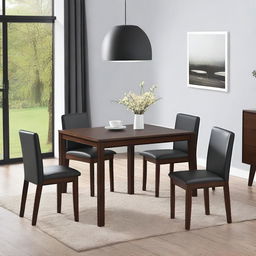 A modern rectangular wooden dining set measuring 100 cm by 75 cm for four people, painted in walnut color