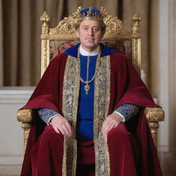 A regal representation of a man named Kevin, adorned in royal attire such as a crown and cape, sitting on a throne.