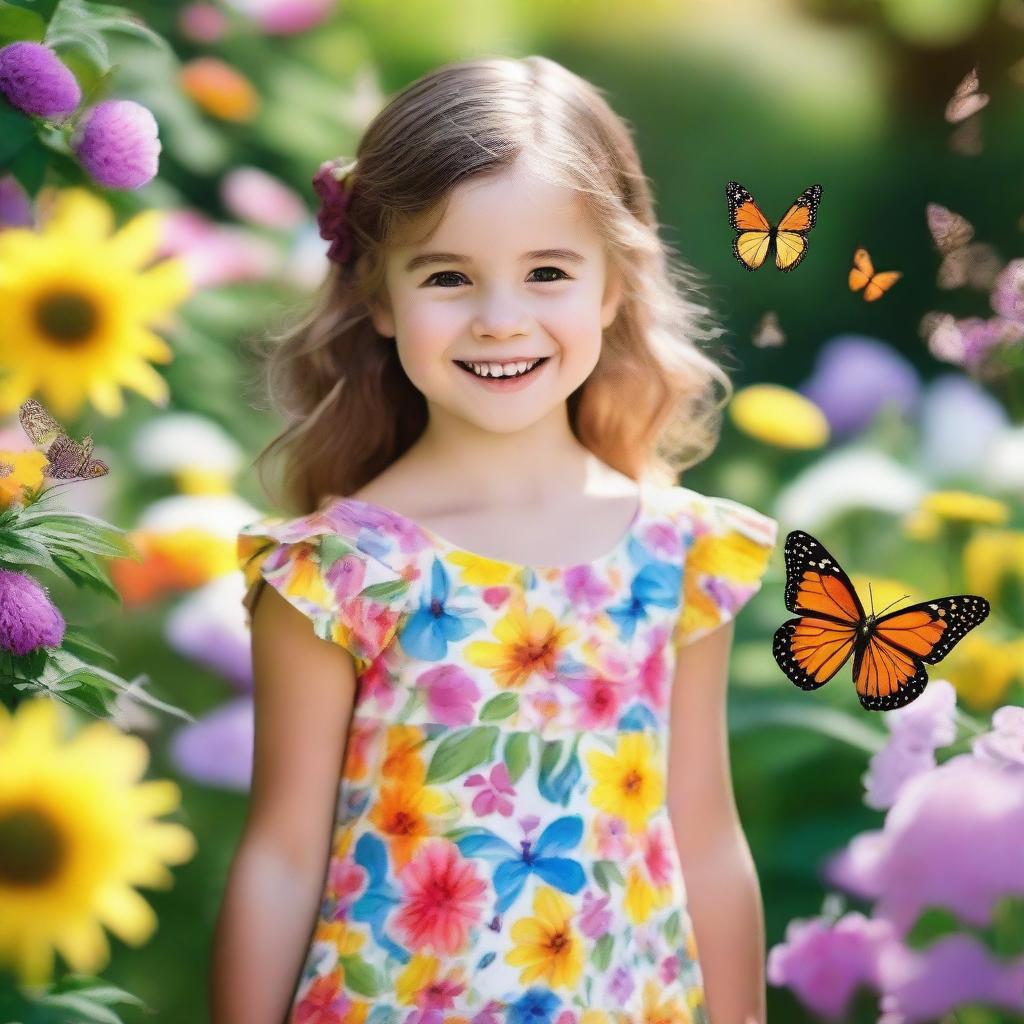 A portrait of a young girl with a bright smile, wearing a colorful dress, standing in a beautiful garden filled with blooming flowers and butterflies