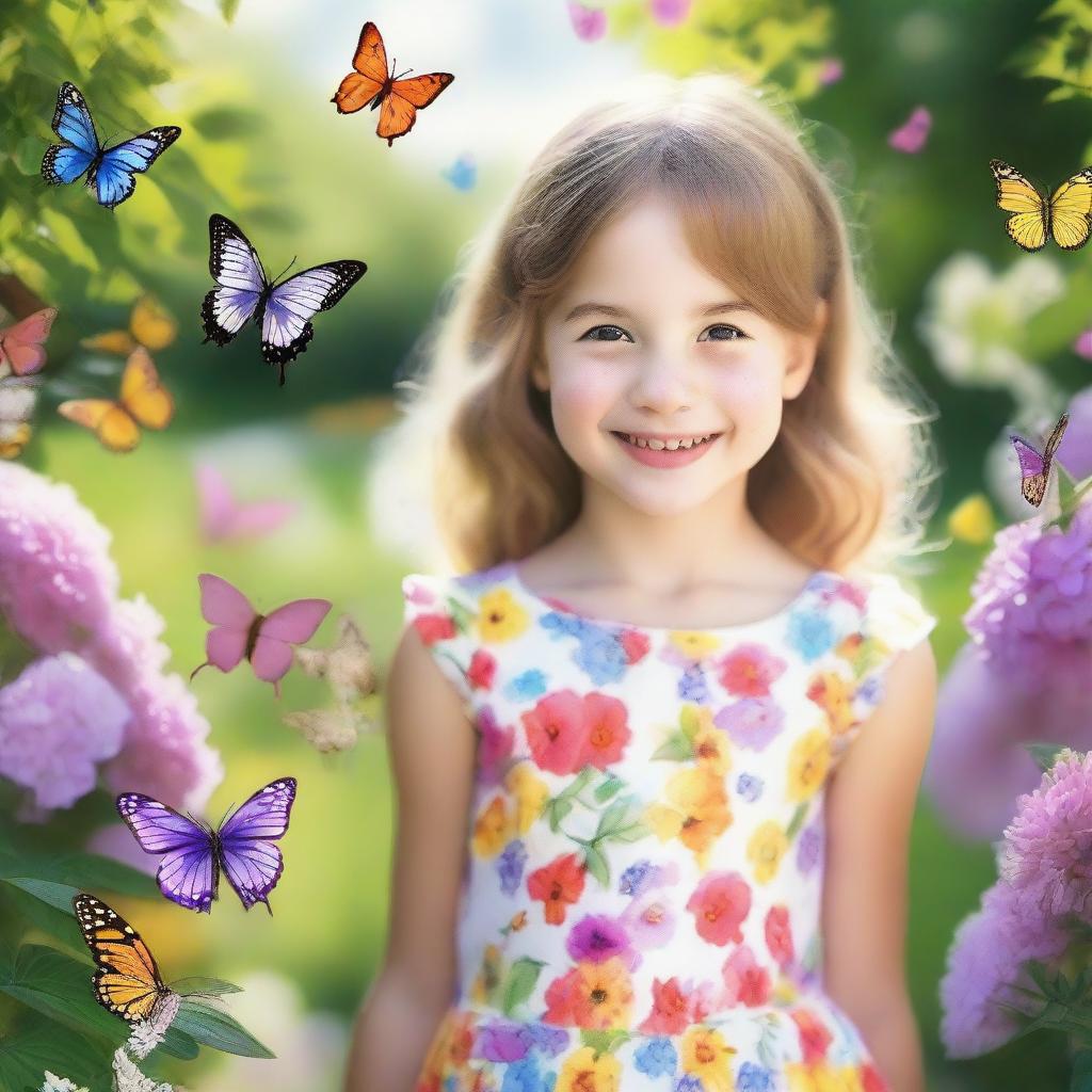 A portrait of a young girl with a bright smile, wearing a colorful dress, standing in a beautiful garden filled with blooming flowers and butterflies