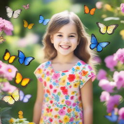 A portrait of a young girl with a bright smile, wearing a colorful dress, standing in a beautiful garden filled with blooming flowers and butterflies