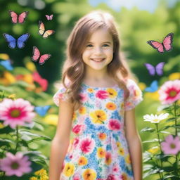 A portrait of a young girl with a bright smile, wearing a colorful dress, standing in a beautiful garden filled with blooming flowers and butterflies