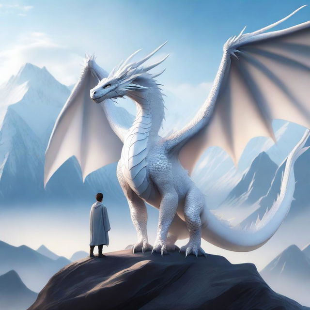 A majestic white dragon standing beside a person