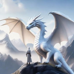 A majestic white dragon standing beside a person