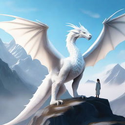 A majestic white dragon standing beside a person