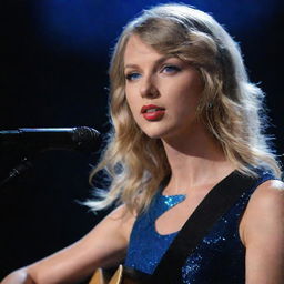 A stunning portrait of Taylor Swift, blonde-haired and blue-eyed, performing with her guitar on a stage bathed in dim light.