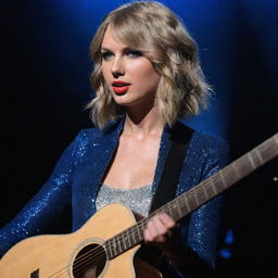 A stunning portrait of Taylor Swift, blonde-haired and blue-eyed, performing with her guitar on a stage bathed in dim light.