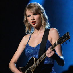 A stunning portrait of Taylor Swift, blonde-haired and blue-eyed, performing with her guitar on a stage bathed in dim light.