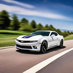 A sleek white 2015 Camaro with bold purple racing stripes running from the front to the back