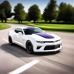 A sleek white 2015 Camaro with bold purple racing stripes running from the front to the back