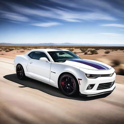 A sleek white 2015 Camaro with bold purple racing stripes running from the front to the back