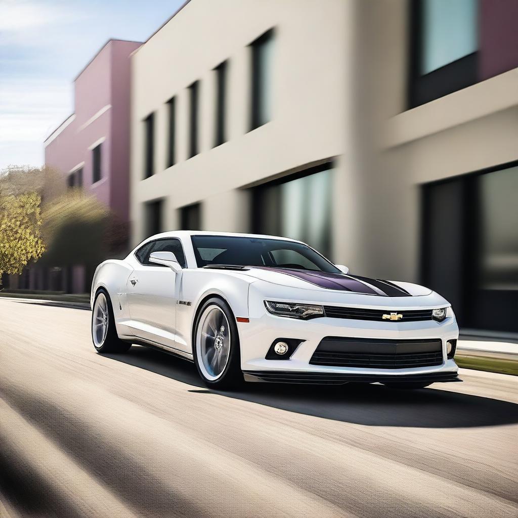 A sleek white 2015 Camaro with bold purple racing stripes running from the front to the back