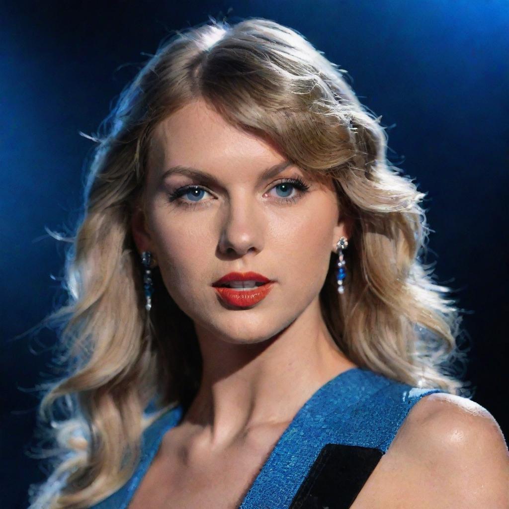 A stunning portrait of Taylor Swift, blonde-haired and blue-eyed, performing with her guitar on a stage bathed in dim light.